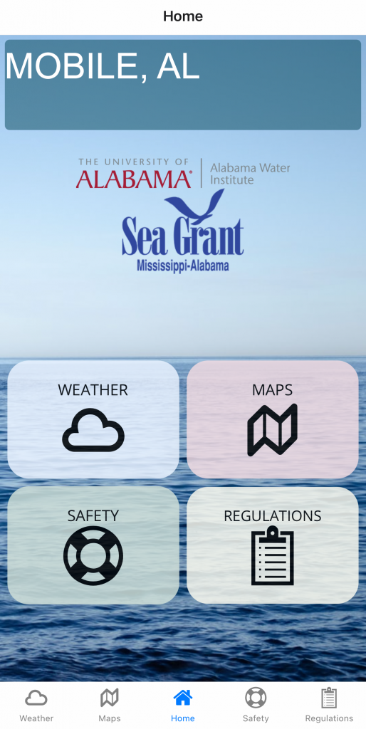Blue sky and water background with navigation text in the foreground.