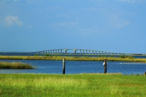 Dauphin Island Bridge and grass-covered barrier islands