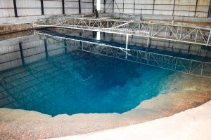 A clear pool of water with a bridge over it.