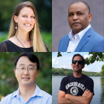 Four faculty fellows of the Alabama Water Institute: a woman with long blonde hair in a black top (top left), a man with close-cropped hair in a blue blazer (top right), a man with black hair and glasses in a light blue shirt (bottom left), and a man in sunglasses wearing a black t-shirt standing by a lake (bottom right), all smiling in their respective portraits.