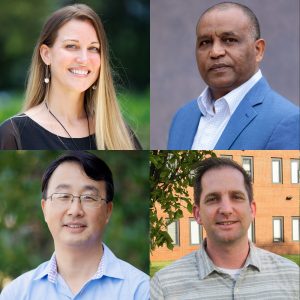 Four faculty fellows of the Alabama Water Institute: a woman with long blonde hair in a black top (top left), a man with close-cropped hair in a blue blazer (top right), a man with black hair and glasses in a light blue shirt (bottom left), and a man in sunglasses wearing a black t-shirt standing by a lake (bottom right), all smiling in their respective portraits.