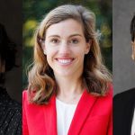 Three faculty fellows of the Alabama Water Institute: a woman with short dark hair in a dark shirt (left), a woman with long light brown hair wearing a red blazer (center), and a man with dark hair in a suit and tie (right), all smiling for their professional headshots