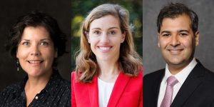  Three faculty fellows of the Alabama Water Institute: a woman with short dark hair in a dark shirt (left), a woman with long light brown hair wearing a red blazer (center), and a man with dark hair in a suit and tie (right), all smiling for their professional headshots