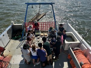 A group of REU students on a boat in Mobile Bay, gathered around a table, examining various species found in the water.