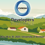 Illustrated graphic promoting the CIROH Developers Conference, featuring rolling green hills and the CIROH logo. Text reads: "Developers Conference – May 28 to 30, 2025 | University of Vermont.