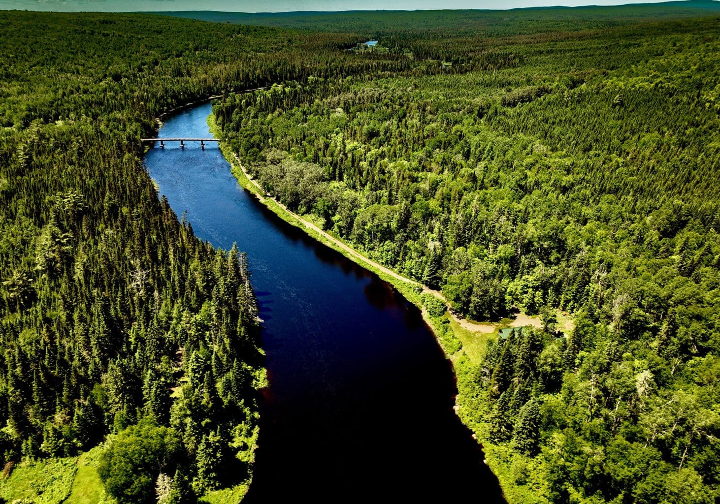 An aerial photo of a river running through lush greenery.