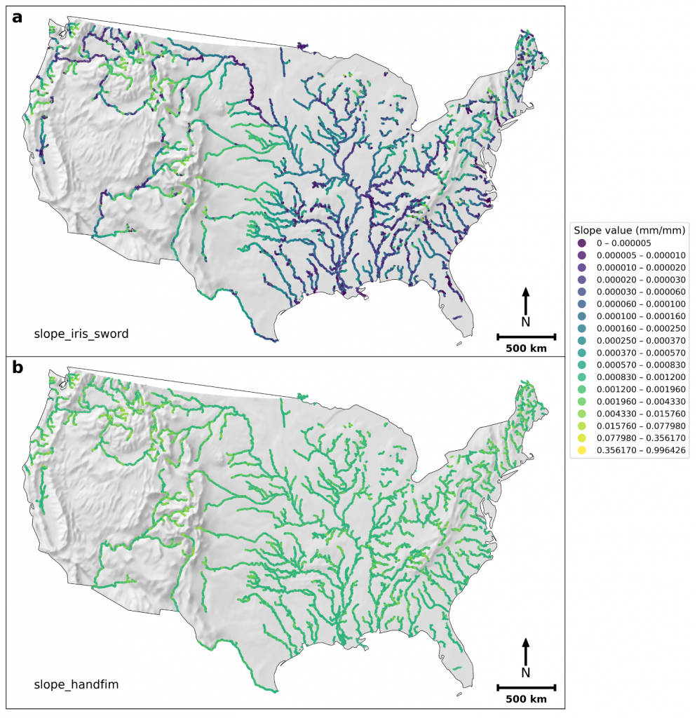 Map of the continental United States showing river slopes. Panel (a) uses new satellite-derived slope data; panel (b) shows the older dataset.