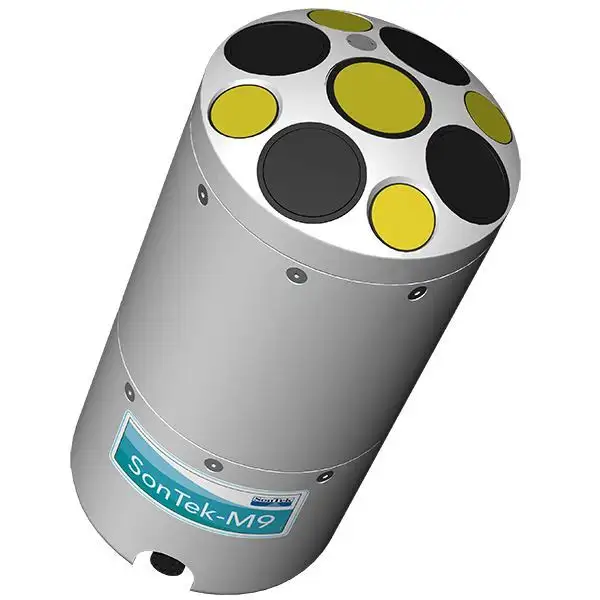 Cylindrical SonTek M9 acoustic Doppler current profiler with multiple circular transducer ports on top, used to measure water flow and velocity.