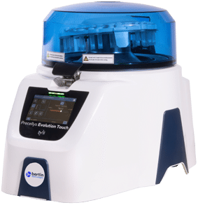 Precellys Evolution Touch benchtop homogenizer with blue transparent lid and digital display, used for grinding and lysing biological samples.