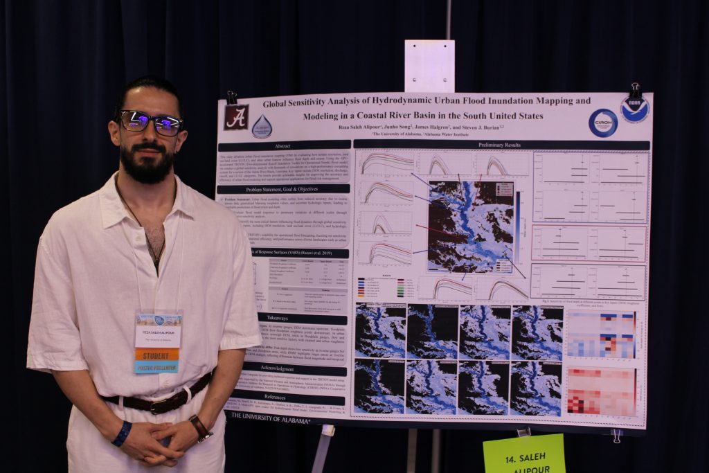 Presenters standing in front of their posters discussing their research.