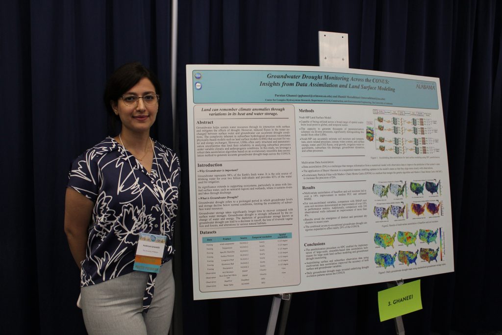 Presenters standing in front of their posters discussing their research.