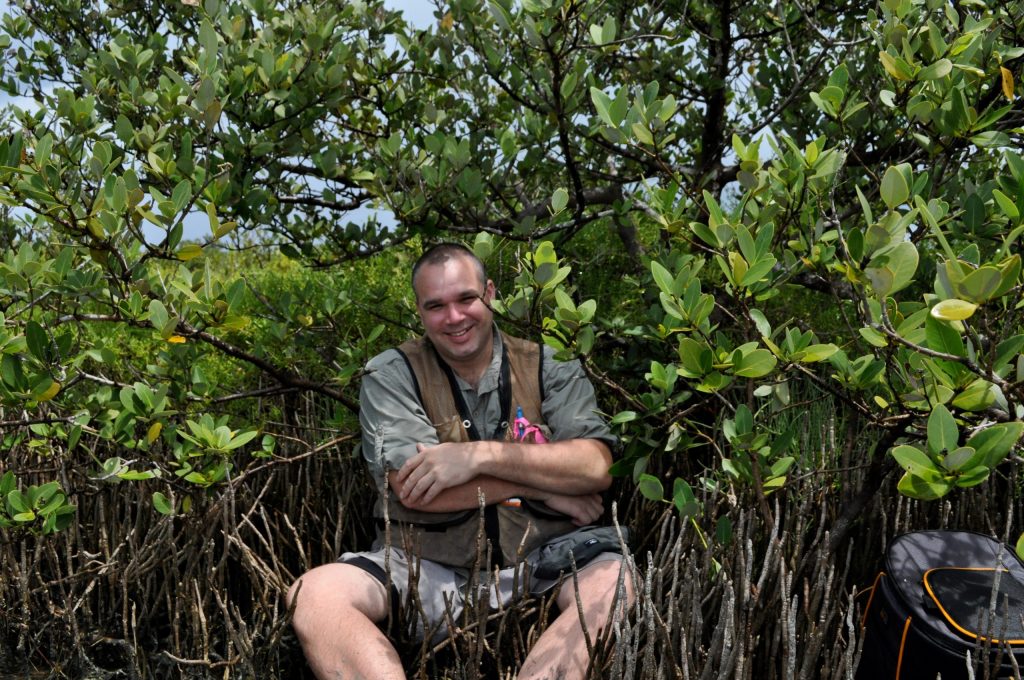 Dr. Ryan Earley sitting among mangrove trees.