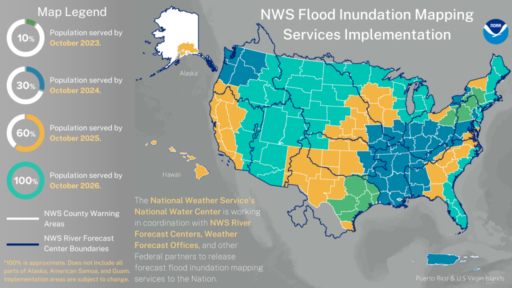 Map of the United States illustrating the NWS Flood Inundation Mapping Services Implementation timeline. Different regions are color-coded to show the percentage of the population to be served by their rollout date.