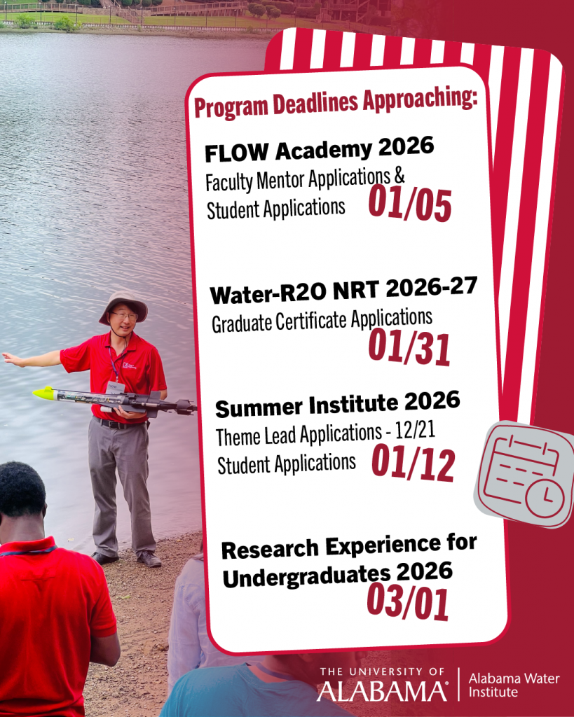 Graphic listing upcoming AWI program deadlines with a photo of students and a researcher working by a lake. The deadlines include FLOW Academy 2026 applications due January 5, Water-R2O NRT graduate certificate applications due January 31, Summer Institute 2026 student applications due January 12, and Undergrad Research Experience applications due March 1.