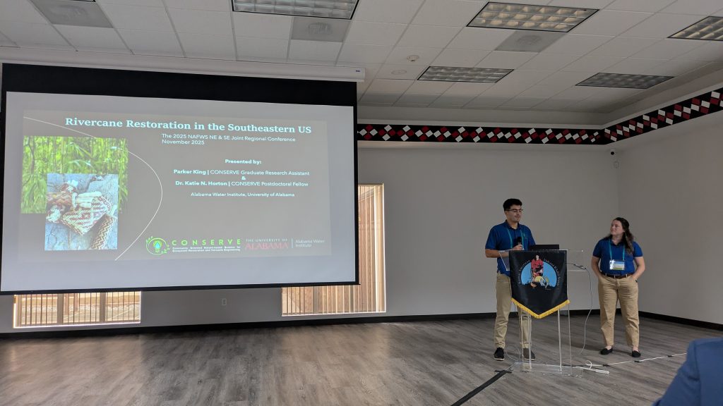 Two presenters stand at a podium giving a talk on rivercane restoration as a slide is projected behind them at a regional conference. The slide features images of woven rivercane baskets and project details from CONSERVE and The University of Alabama.